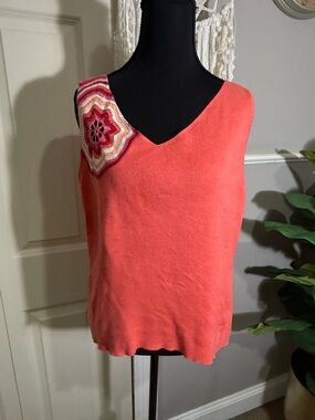 LOFT Coral Sleeveless V-Neck Tank with Embroidered Shoulder Patch